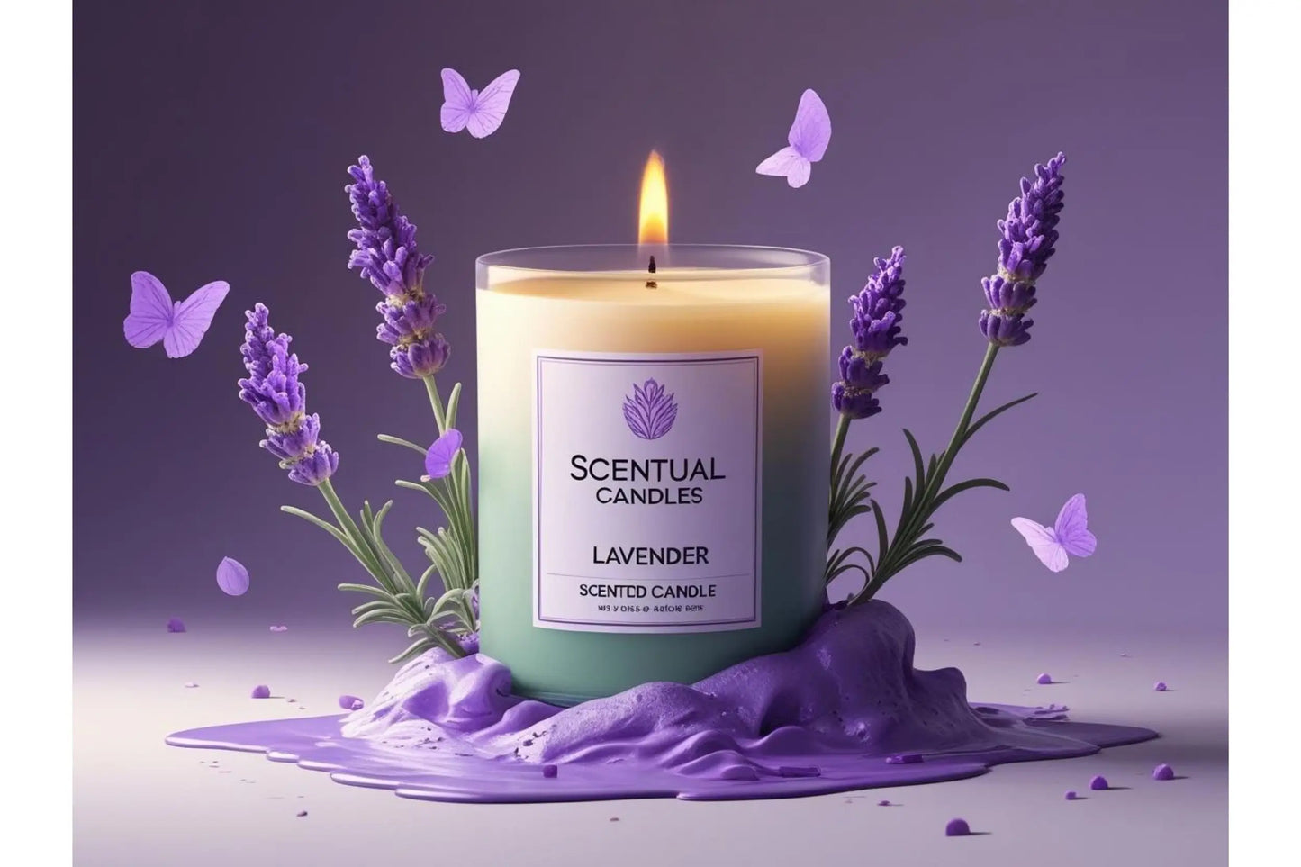 Scentual Candles lavender scented candle with lavender flowers and butterflies on a purple background