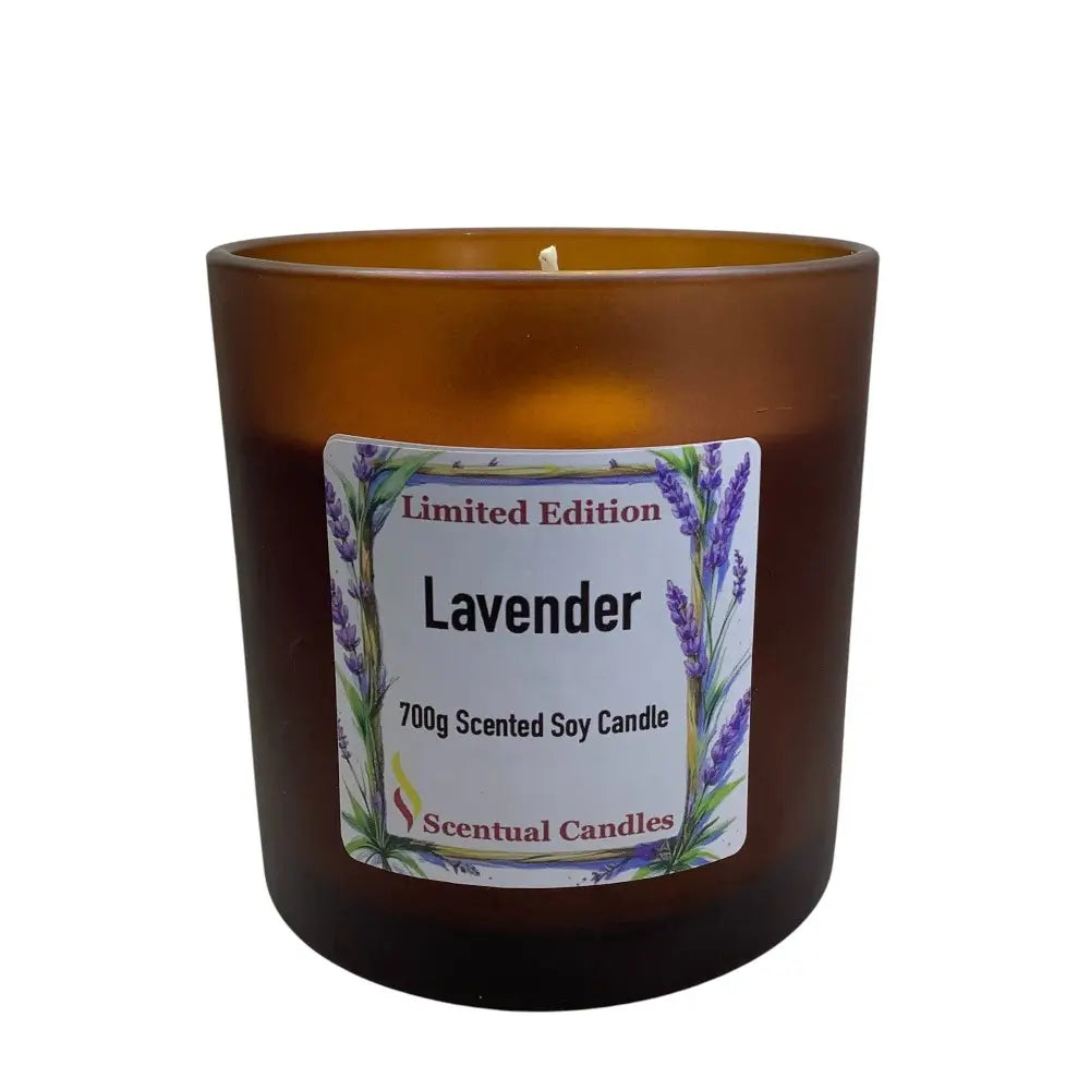 Brown candle with a lavender-themed label on a white background