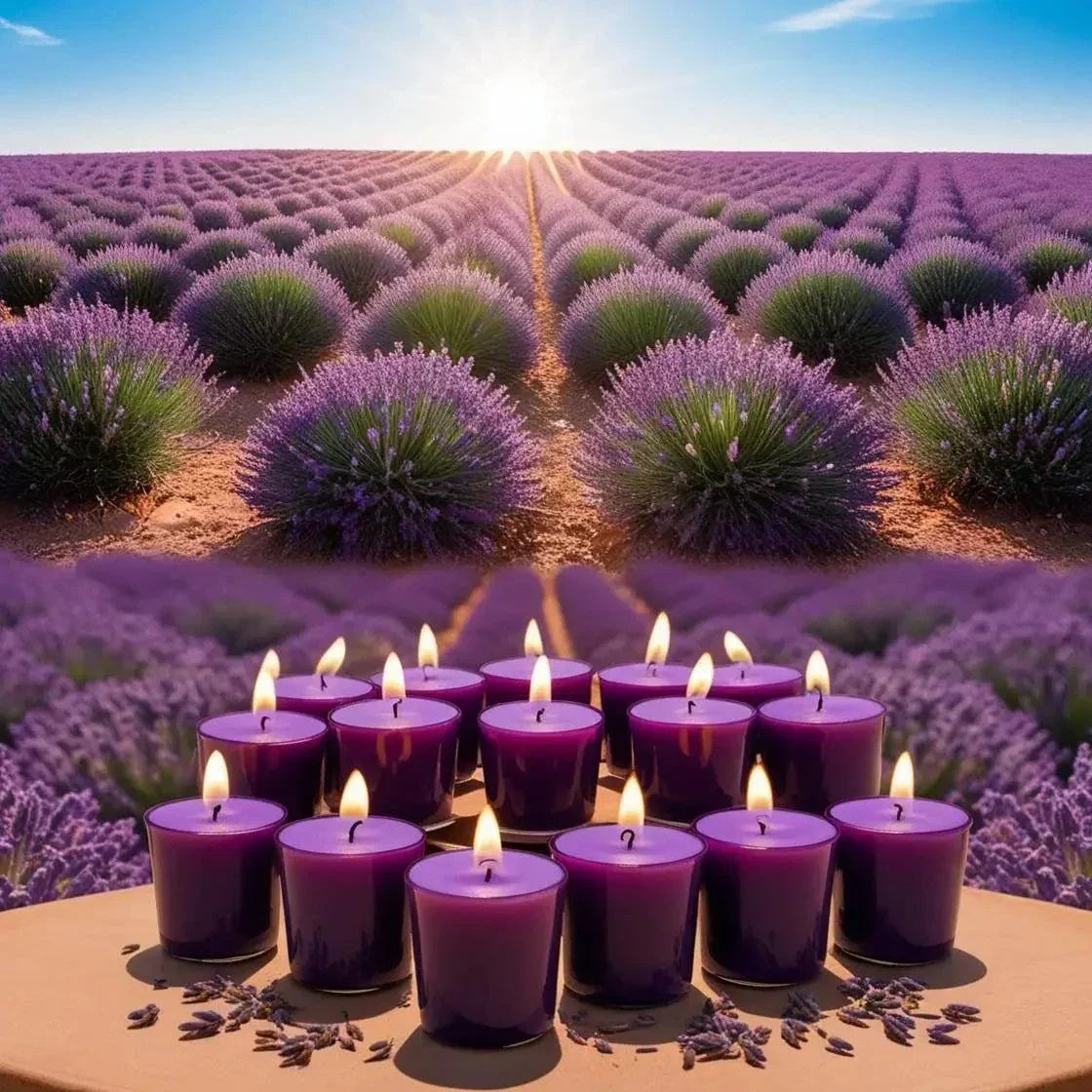 Lavender Scented Votives in a lavender field and sunshine