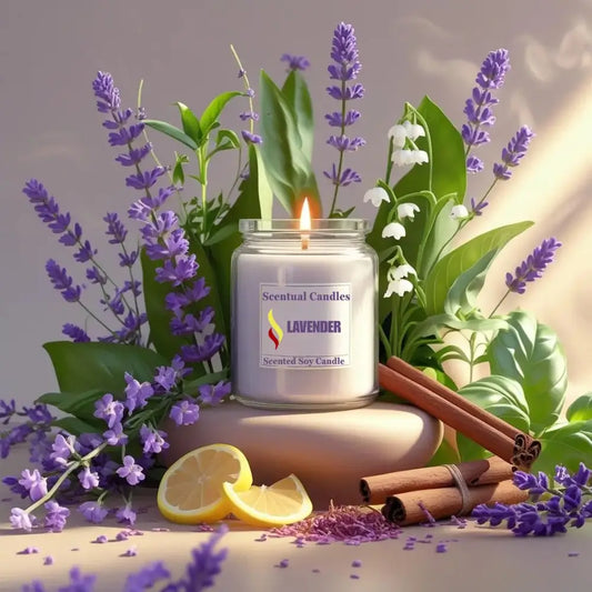lavender candle with lemon, and cinnamon on a neutral background