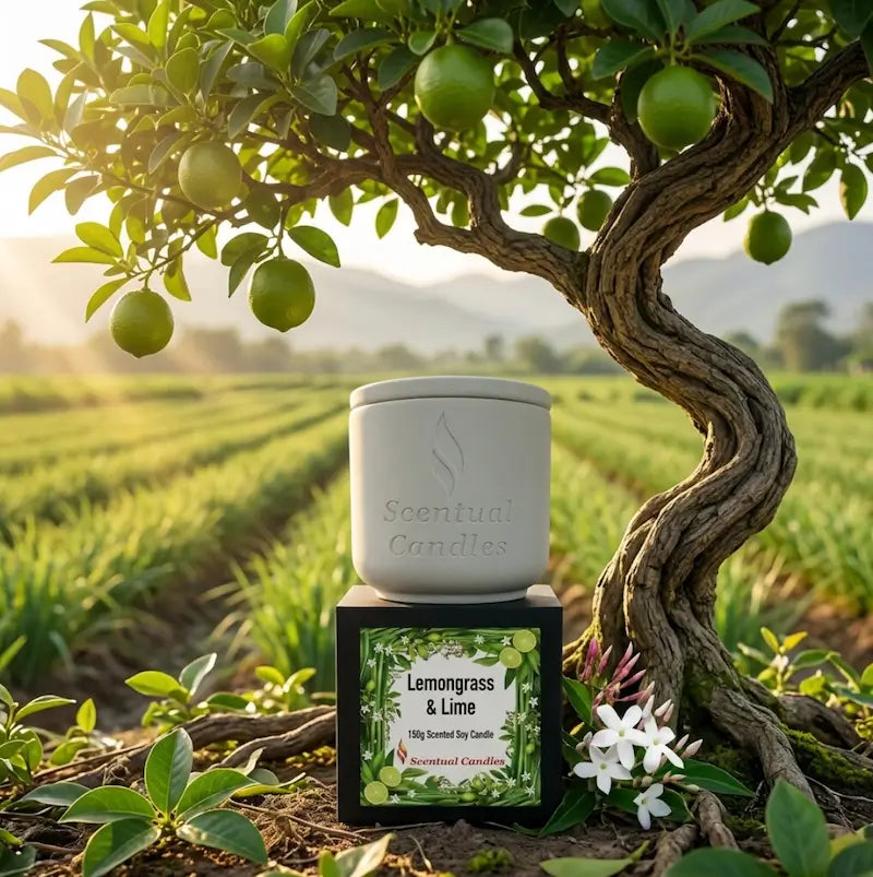 Lemongrass Candle displayed under a lime tree in a scenic field, highlighting the natural essence of lime and jasmine.