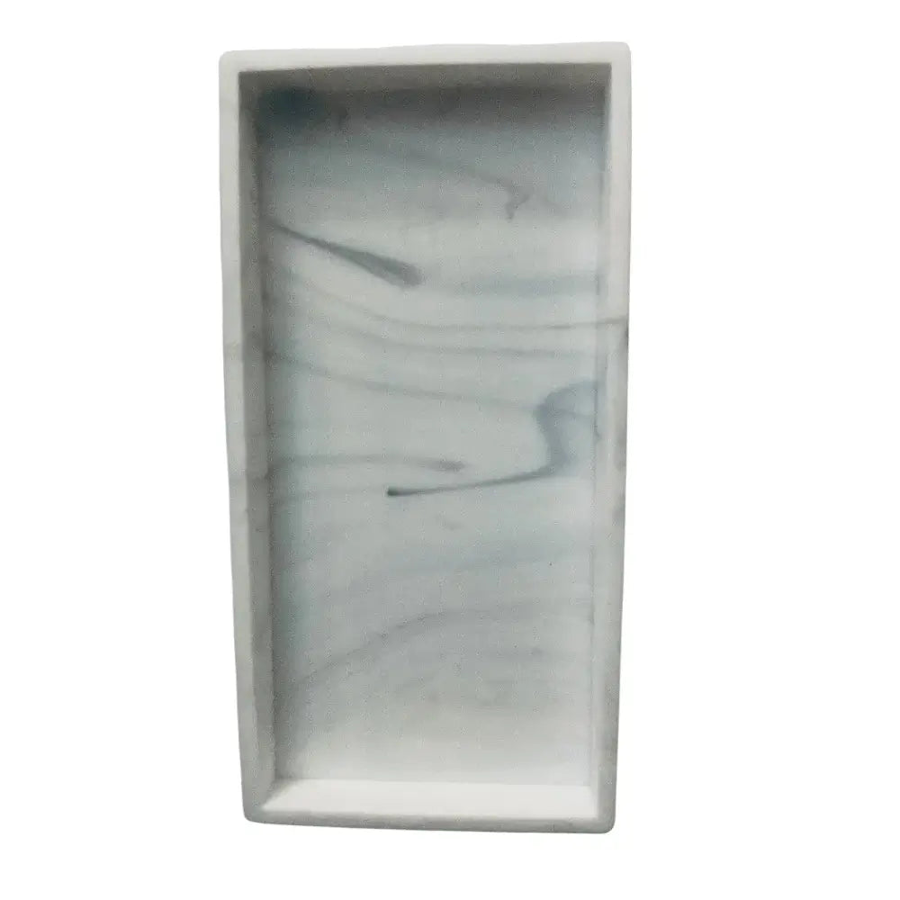 Rectangular marble tray with gray and white marbled pattern on a white background