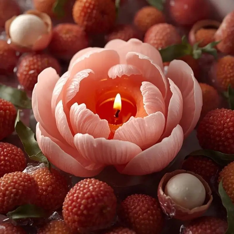 Lychee Scented Candle surrounded by juicy lychee fruits and blooming peony, evoking an exotic and elegant fragrance.