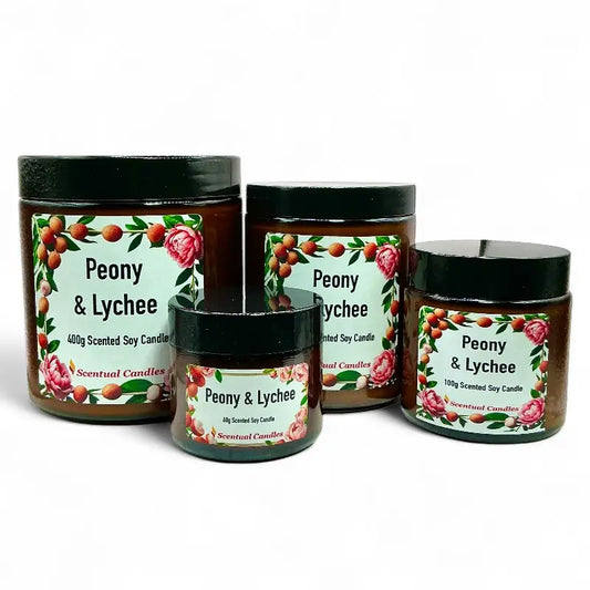 Assorted Peony and Lychee Scented Candle jars with floral labels, showcasing luxurious lychee fragrance in various sizes.