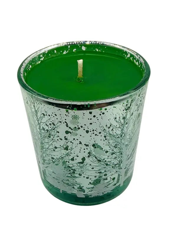 Christmas Candles in Decorative Glass with festive green wax and silver etching of trees and stars.