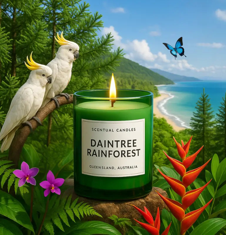 Scentual candles Pine scented 'Daintree Rainforest' with tropical birds and flowers in a scenic background