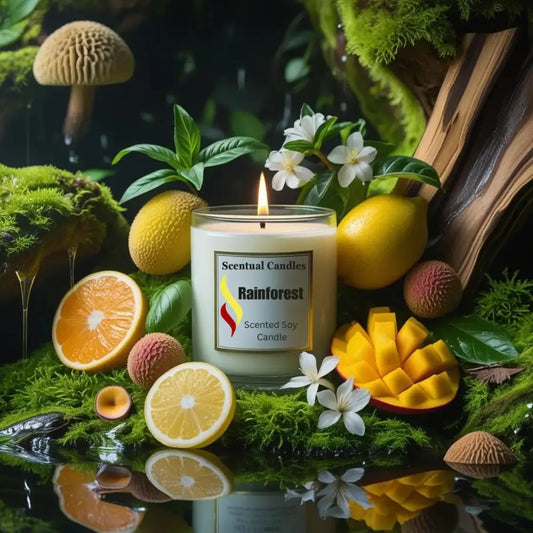 Scentual Candles Rainforest scented candle surrounded by fruits and plants on a reflective surface