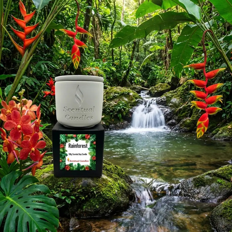 Scentual Candles Rainforest scented candle in a natural setting with a waterfall and tropical flowers.