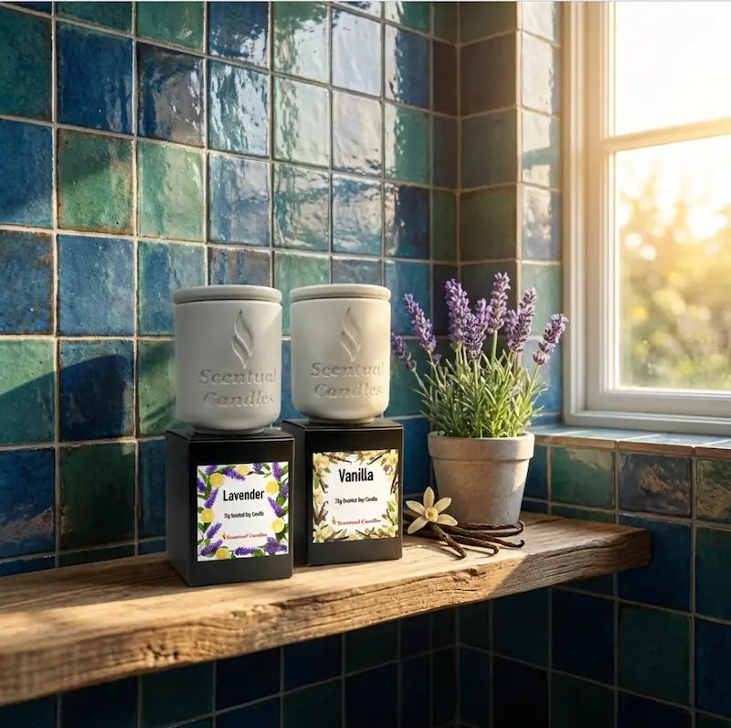 Scented Candle Duo featuring Lavender and Vanilla candles in a sunlit bathroom setting.