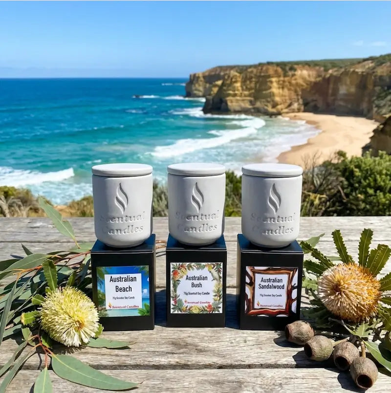 Scented Candle Trio featuring Australian Beach, Australian Bush, and Australian Sandalwood against a scenic Australian coastline.