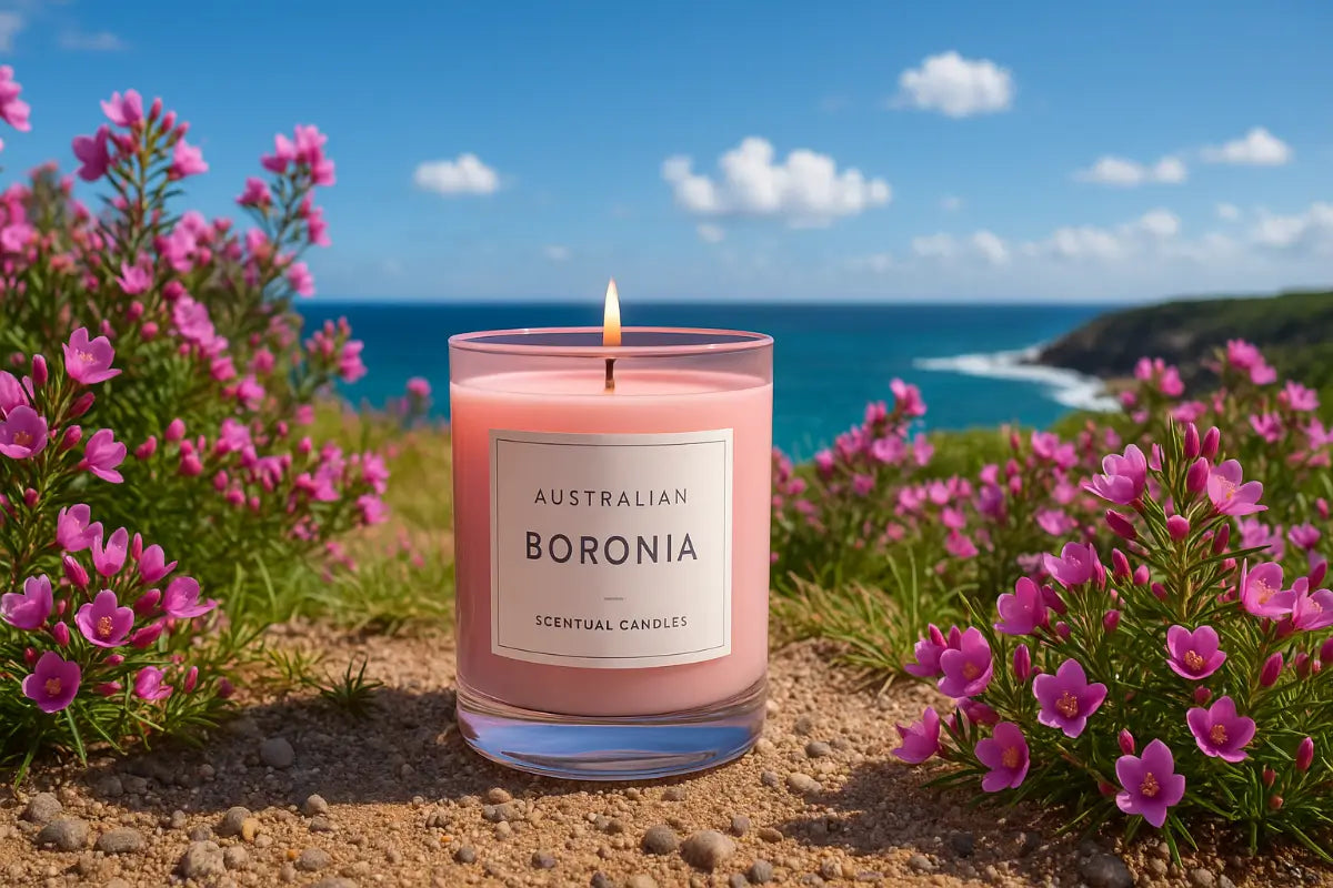 Scented Soy Candle labeled 'Australian Boronia' in a natural setting with pink flowers and ocean view