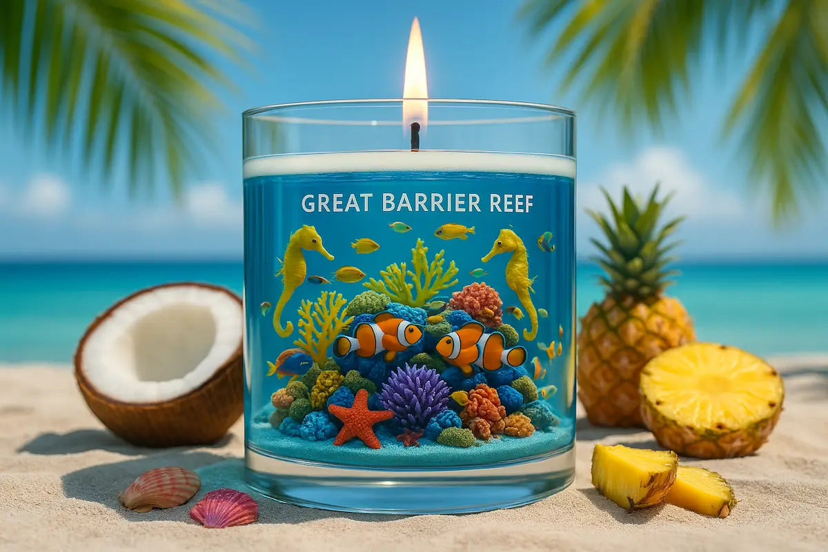 Great Barrier Reef themed candle from Scents of Australia Candle Set on a sandy beach with tropical fruits.