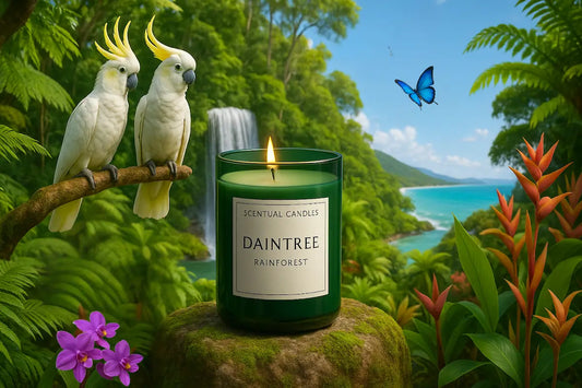 Scents of Australia Candle set featuring rainforest-themed candle with cockatoo birds and tropical landscape.