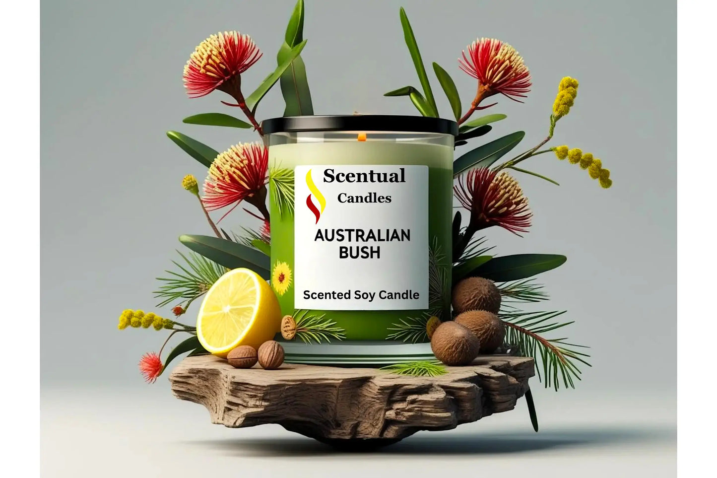 Scentual Candles Australian Bush scented soy candle with floral and leaf decorations on a wooden stand.