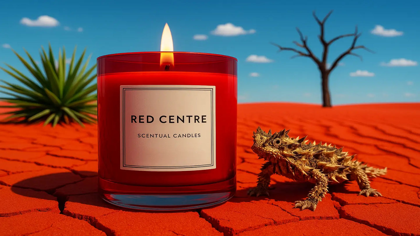 Spicy Vanilla Red Centre scented candle on a desert landscape with a lizard and cactus.