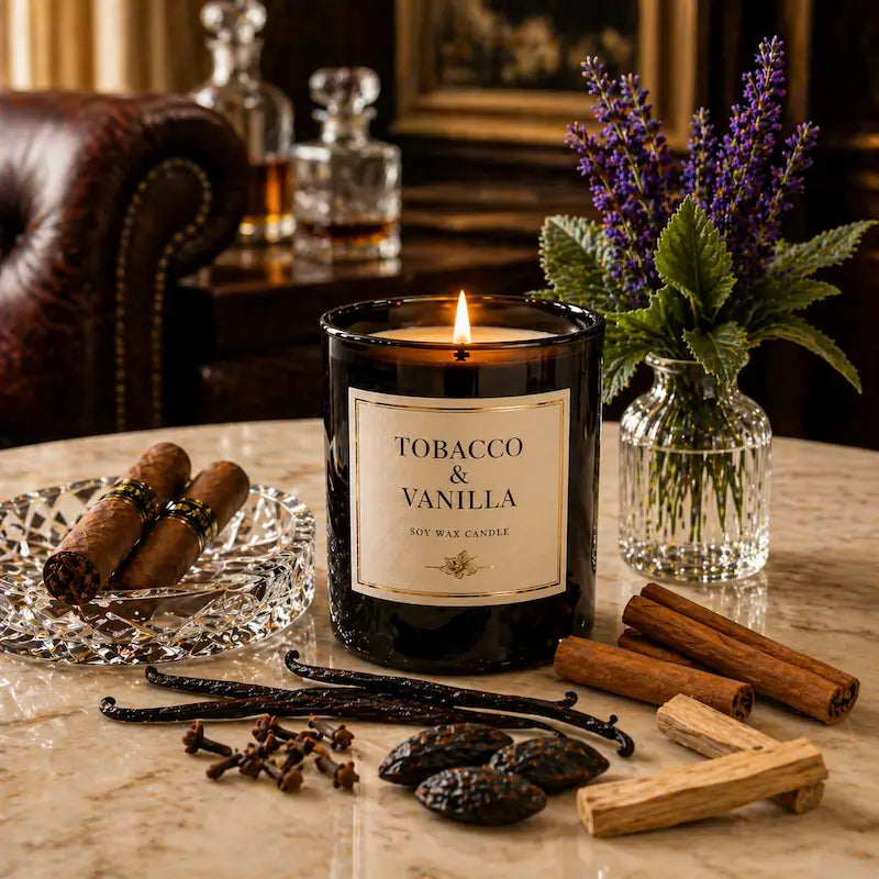 Tobacco Scented Candle with vanilla scent, displayed alongside cigars, spices, and greenery on a stylish table.
