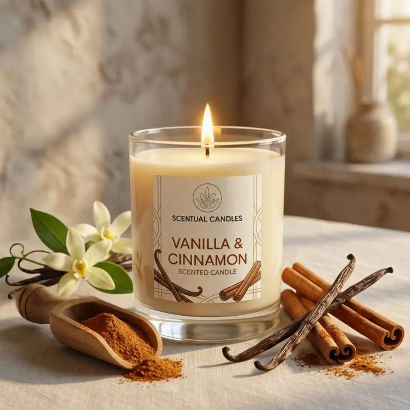 Vanilla and Cinnamon Candle - Scented soy candle with vanilla pods and cinnamon sticks in a cozy setting.