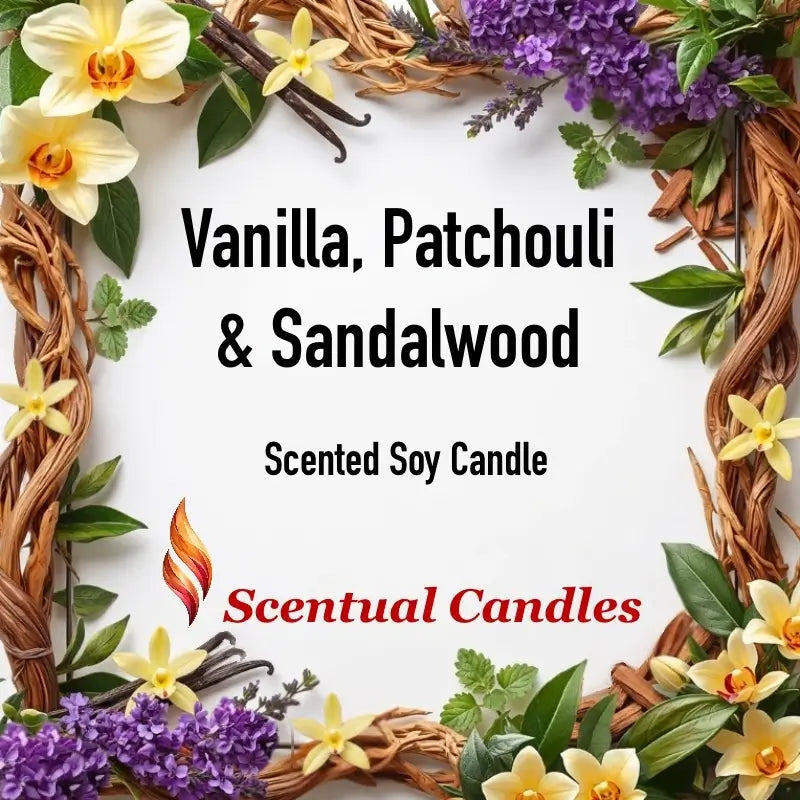 Decorative wreath with flowers and text Vanilla Patchouli and Sandalwood on a white background
