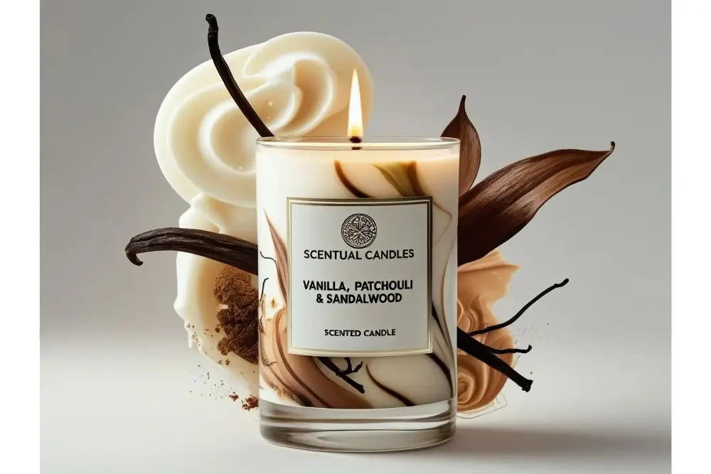 Scentual candles with vanilla, patchouli, and sandalwood on a neutral background