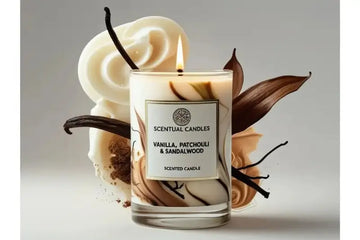 Scentual candles with vanilla patchouli and sandalwood on a neutral background