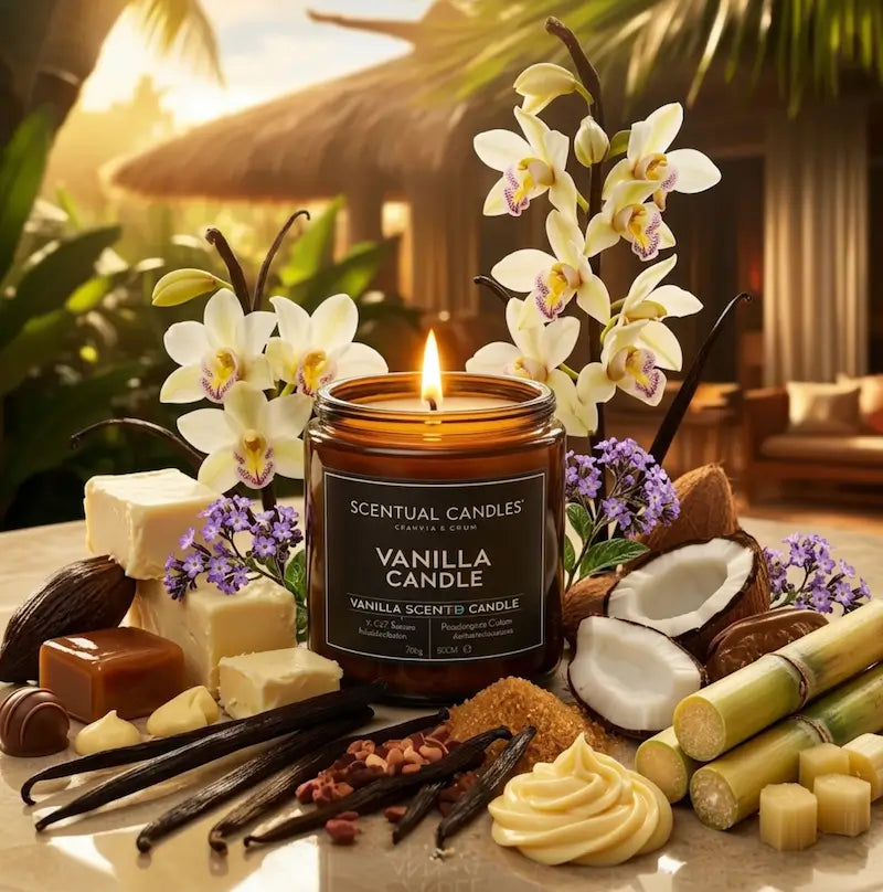 Vanilla Scented Candle surrounded by orchids, cocoa, and creamy ingredients in a tropical setting.