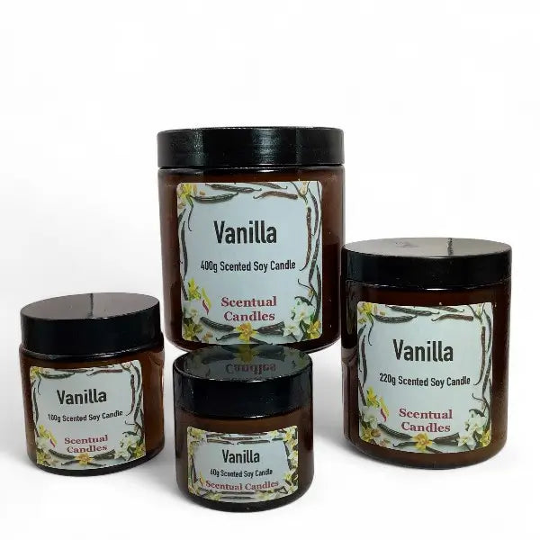 Four scented candles with 'Vanilla' labels on a white background