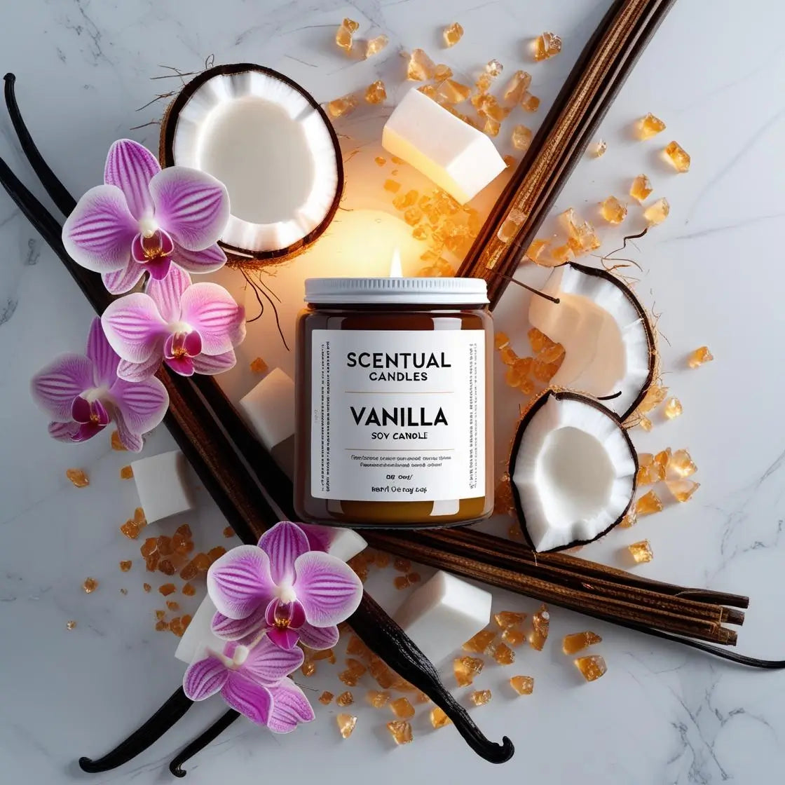 Vanilla scented candle surrounded by coconuts, vanilla beans and orchid flowers and brown sugar