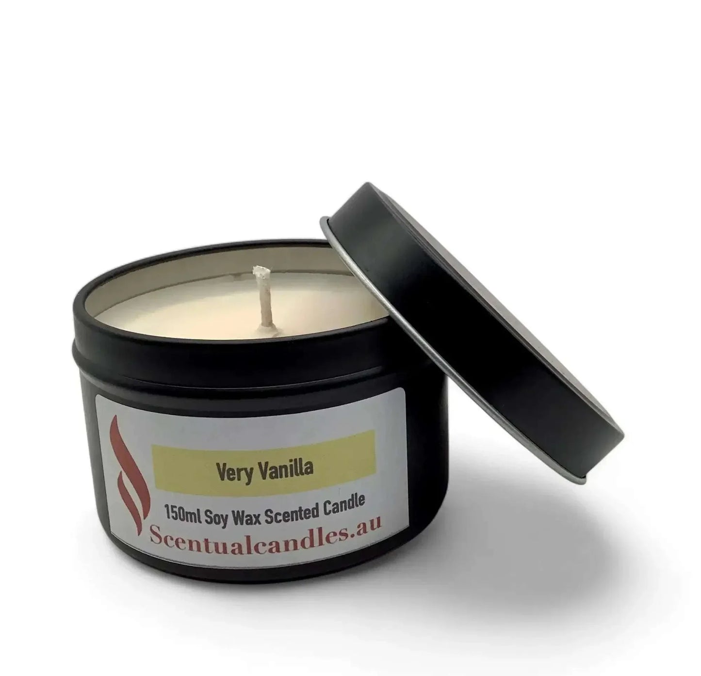 150ml matte black tin vanilla scented soy candle with lid.