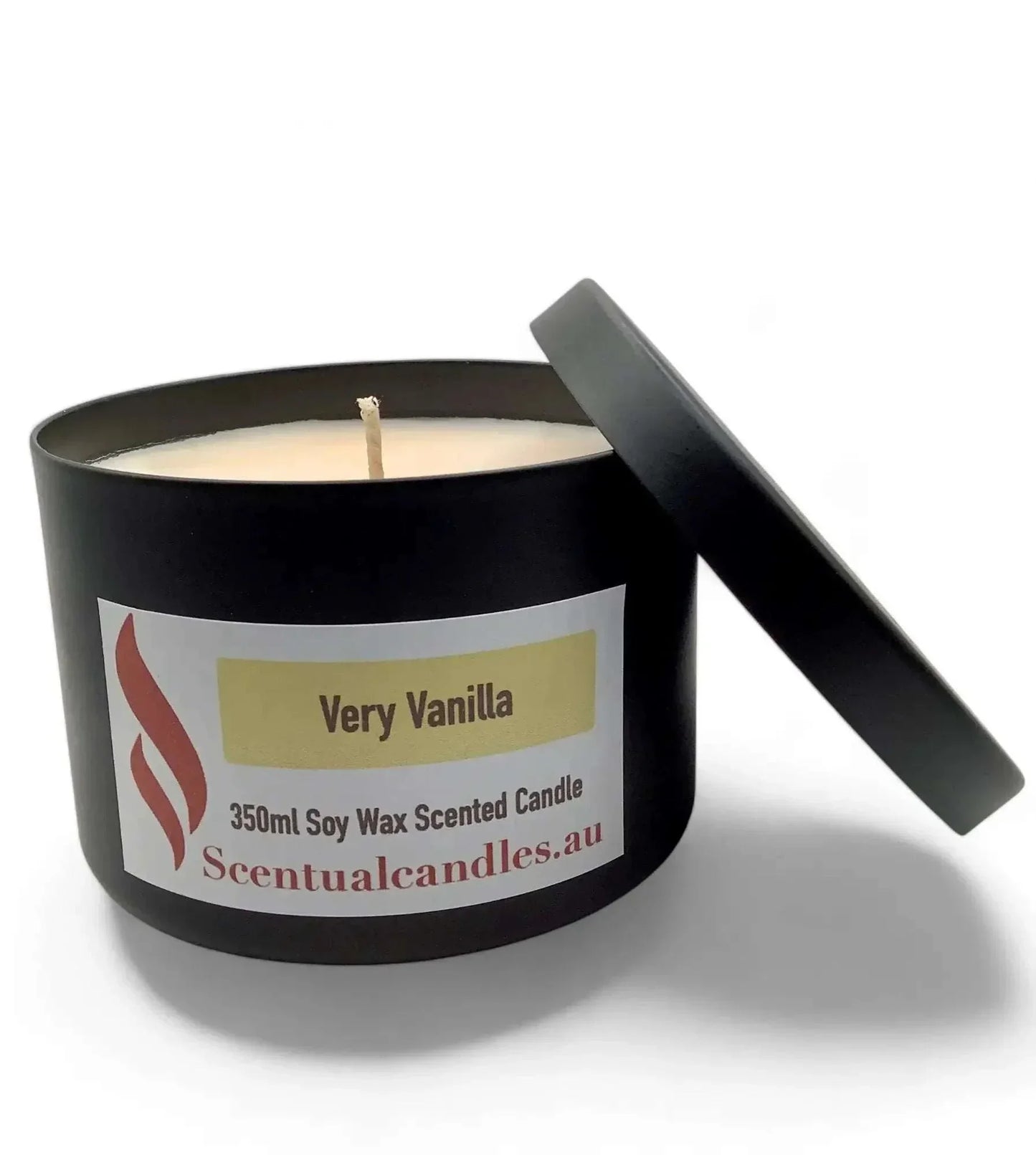 Vanilla Scented Soy Candle in Matte Black Tin with Lid, 350ml.