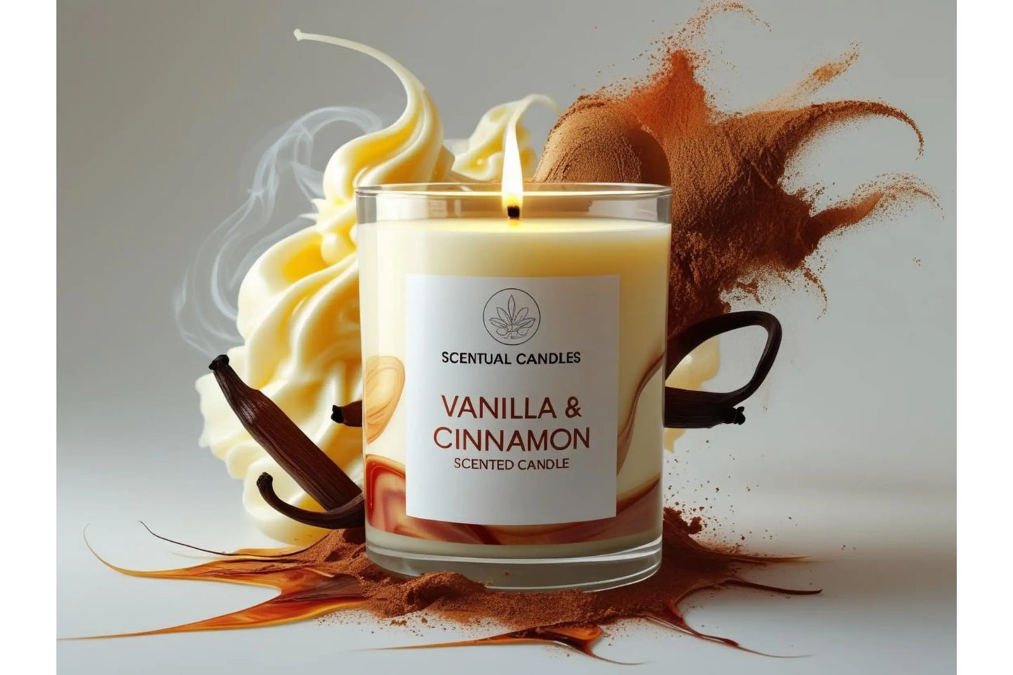 Vanilla and cinnamon scented candle with vanilla beans and cinnamon sticks on a light background