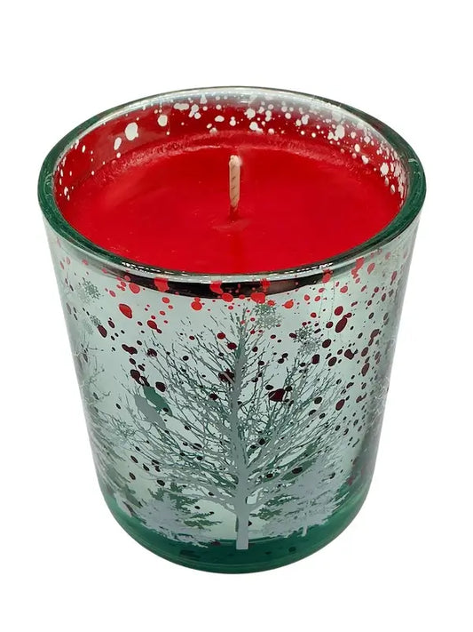 Christmas Candles in Decorative Glass with silver etched trees and festive red wax.