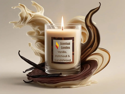 Vanilla and Spice Candle in clear glass jar with layered vanilla and spice swirls, perfect for gift-giving enthusiasts.