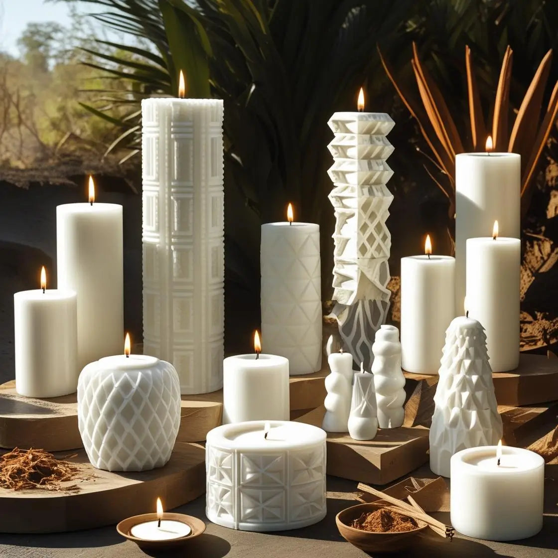Assorted white candles and candle holders on a wooden surface with a natural background.