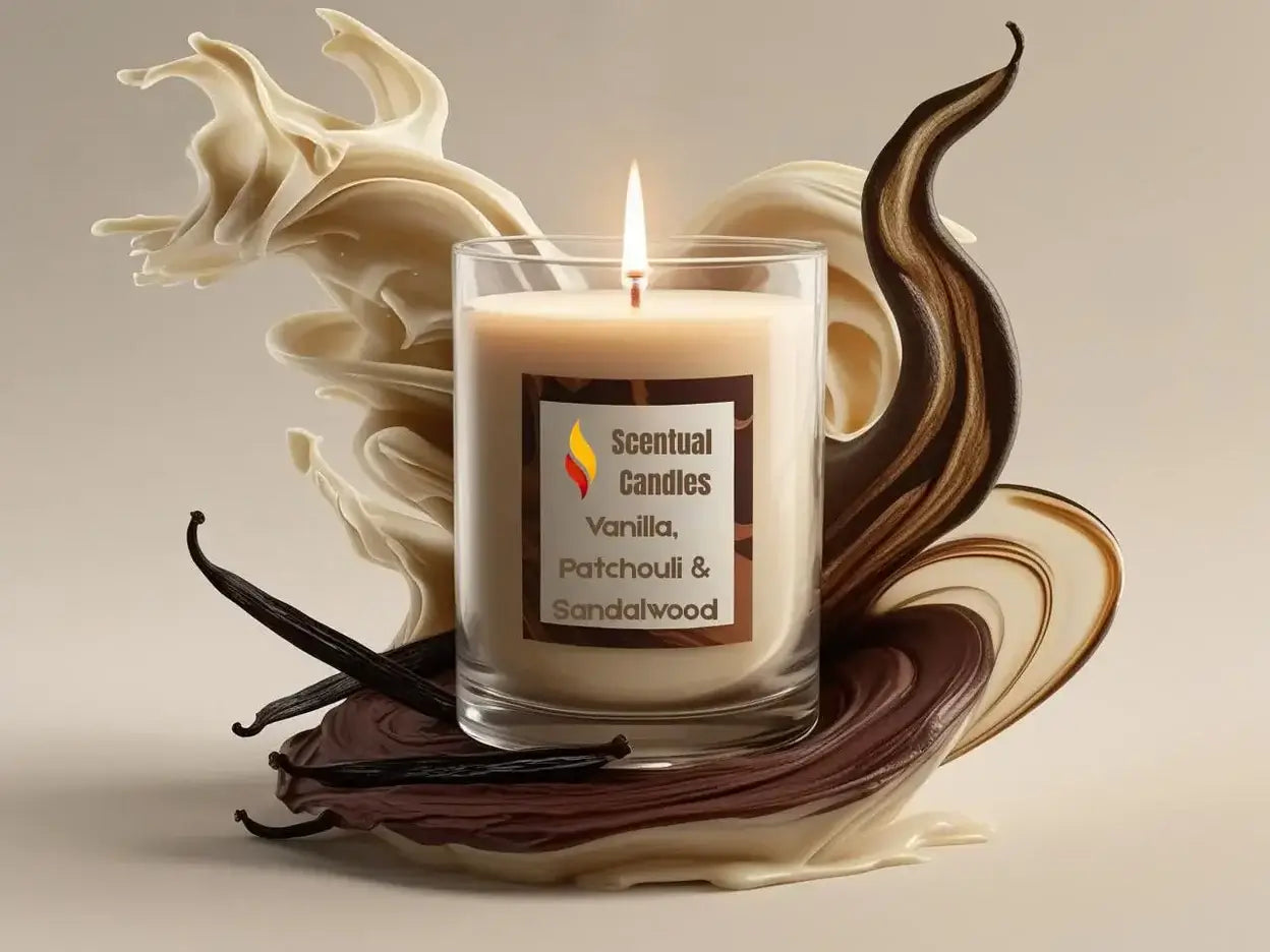 Scentual Candies candle with vanilla, patchouli, and sandalwood fragrance on a decorative background.