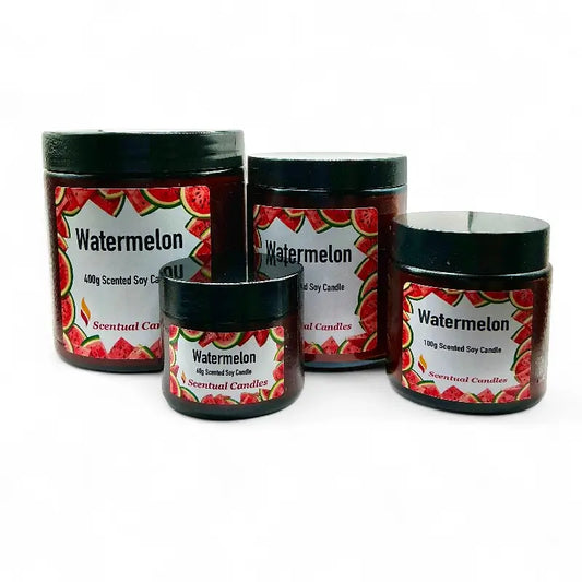 Watermelon Candle - Scented Soy jars in various sizes, featuring vibrant watermelon-themed labels conveying refreshing summer scents.
