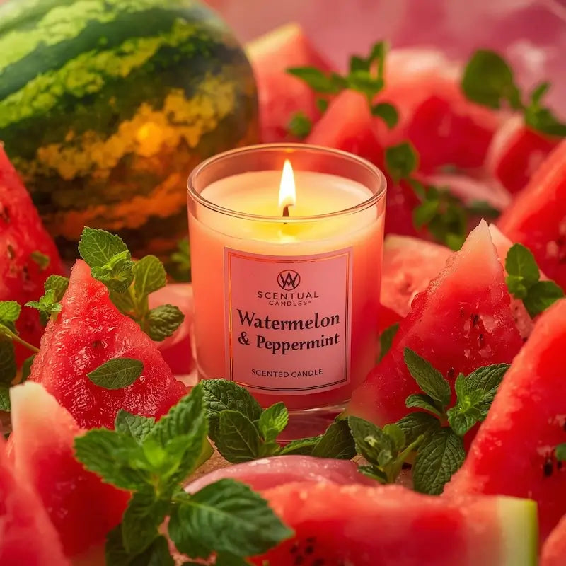 Watermelon and Peppermint Candle surrounded by fresh watermelon slices and mint leaves