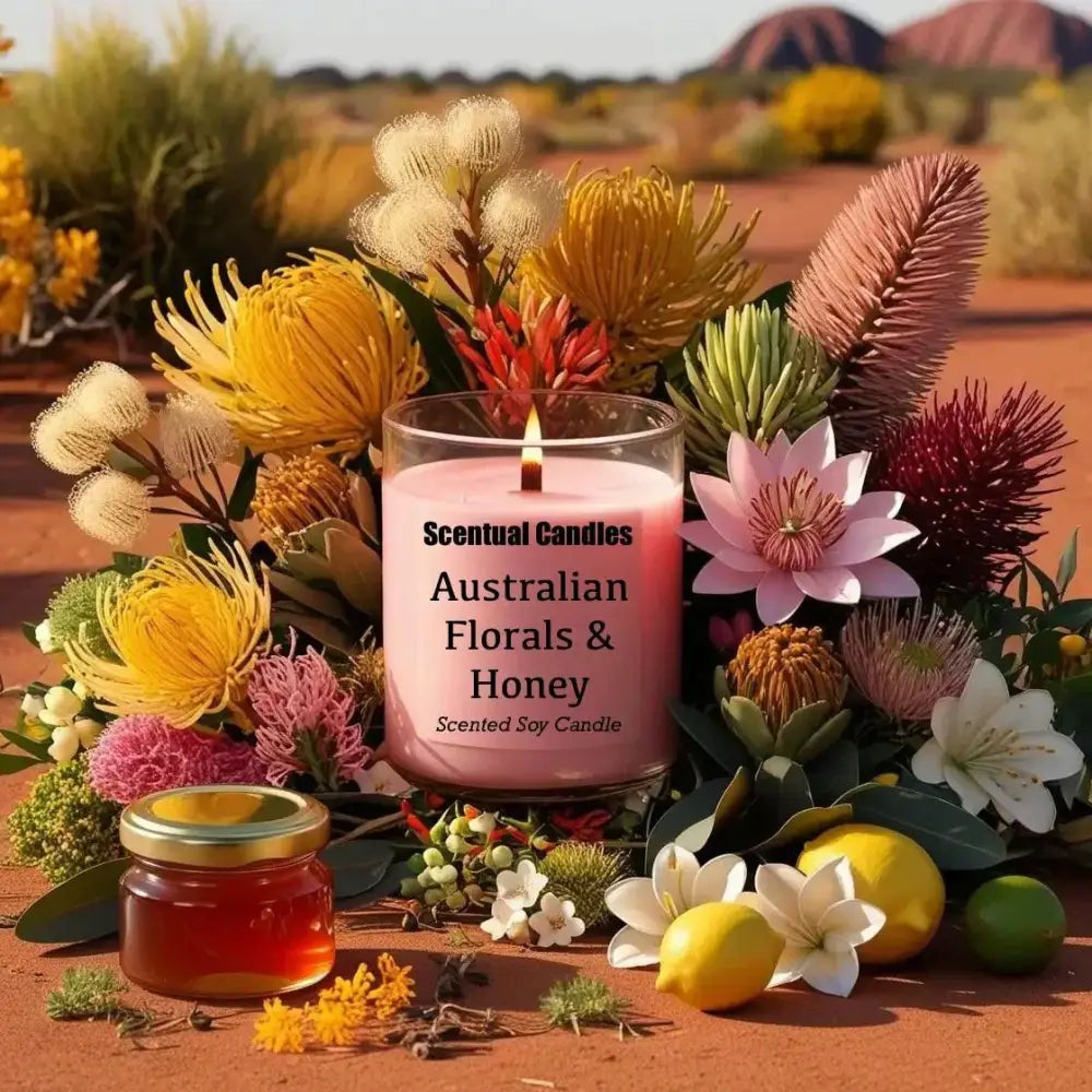 Australian Florals & Honey scented soy candle surrounded by vibrant native flowers and a jar of honey in a natural setting.