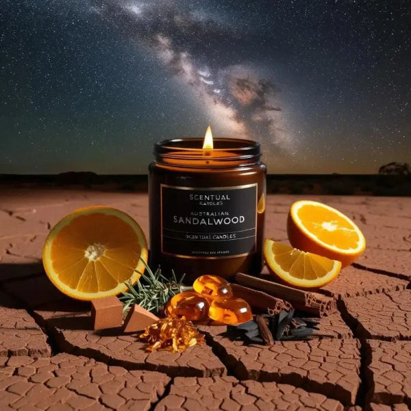 Australian Sandalwood Scented soy candle with citrus slices and starry night background.
