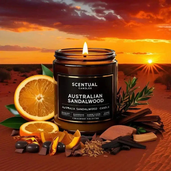 Australian Sandalwood Scented Soy Candle with citrus, amber, and cedar accents in amber jar, evokes serene Australian bush atmosphere.