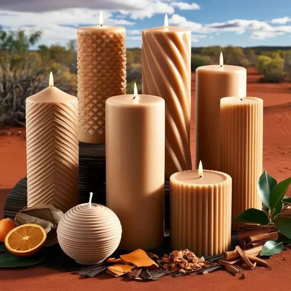 Assorted Australian Sandalwood scented soy pillar candles placed outdoors against a natural backdrop.