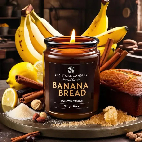 Banana Bread Scented Soy Candle with ripe bananas, spices, and baked bread on a table setting.