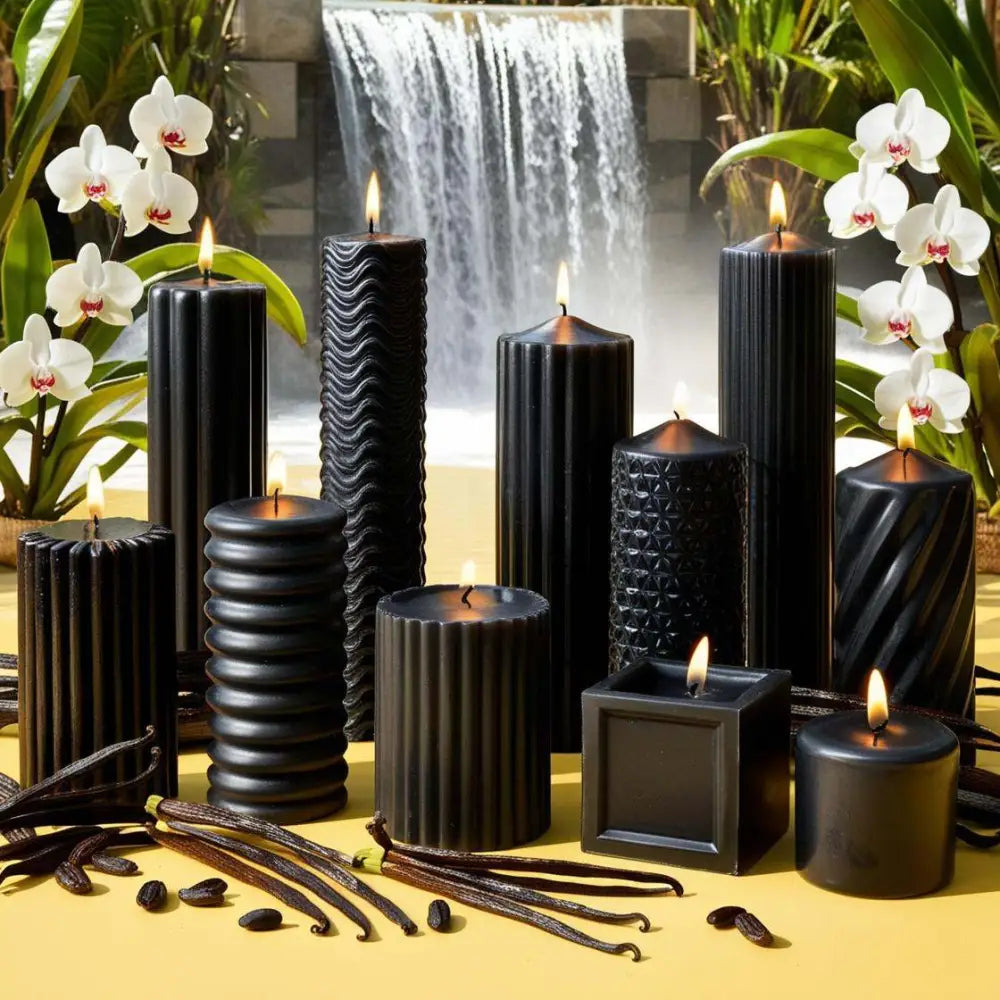 Black Vanilla Scented Soy Pillar Candles with orchids and vanilla beans and waterfall in background
