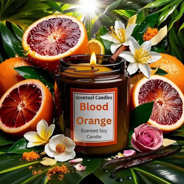 Blood Orange Scented Soy Candle with citrus fruits and floral accents, in an amber jar, surrounded by oranges and flowers.