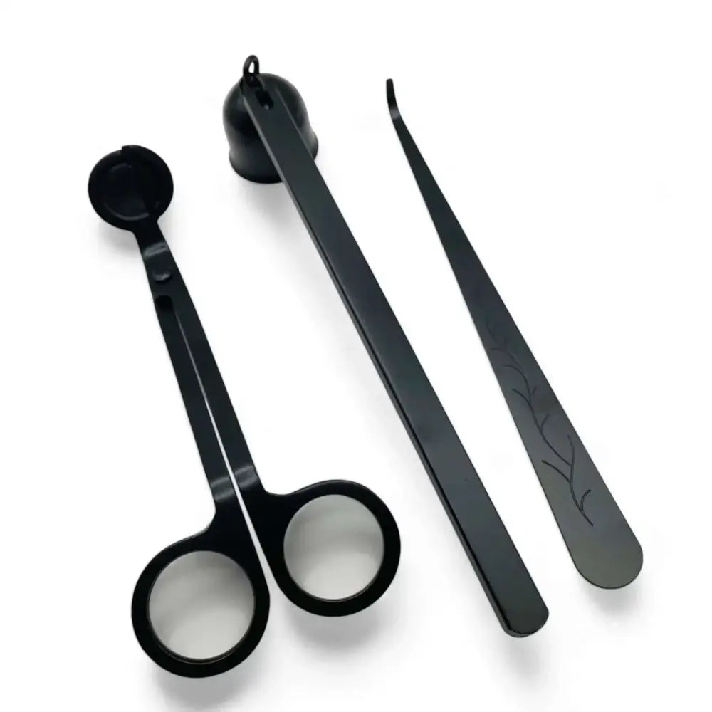 Candle Care Kit with wick trimmer, snuffer, and dipper in matte black stainless steel.