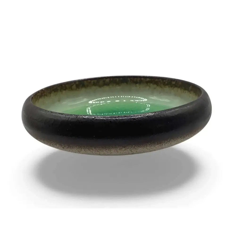Ceramic Candle Holder Plate 14cm with black and green accent.