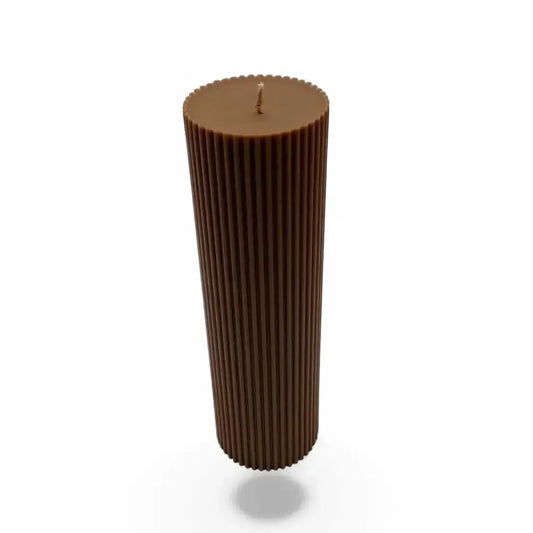 Chocolate candles scented soy pillar with ribbed design, 450g, 20cm tall.