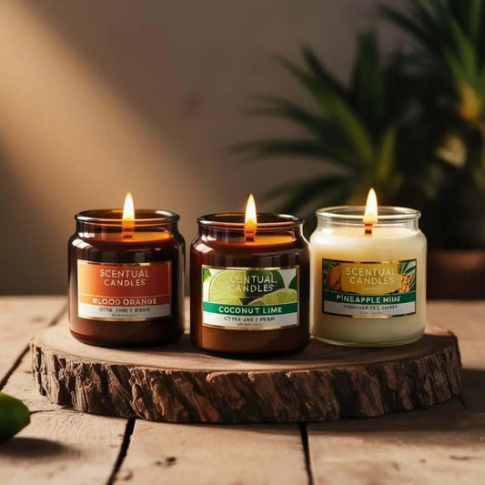 Citrus Candle Gift Set with Blood Orange, Coconut & Lime, Pineapple & Mint soy candles on a wooden tray