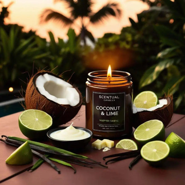Coconut and Lime Candle with fresh limes and coconuts, evoking tropical beach vibes. Perfect scented soy candle for relaxation.