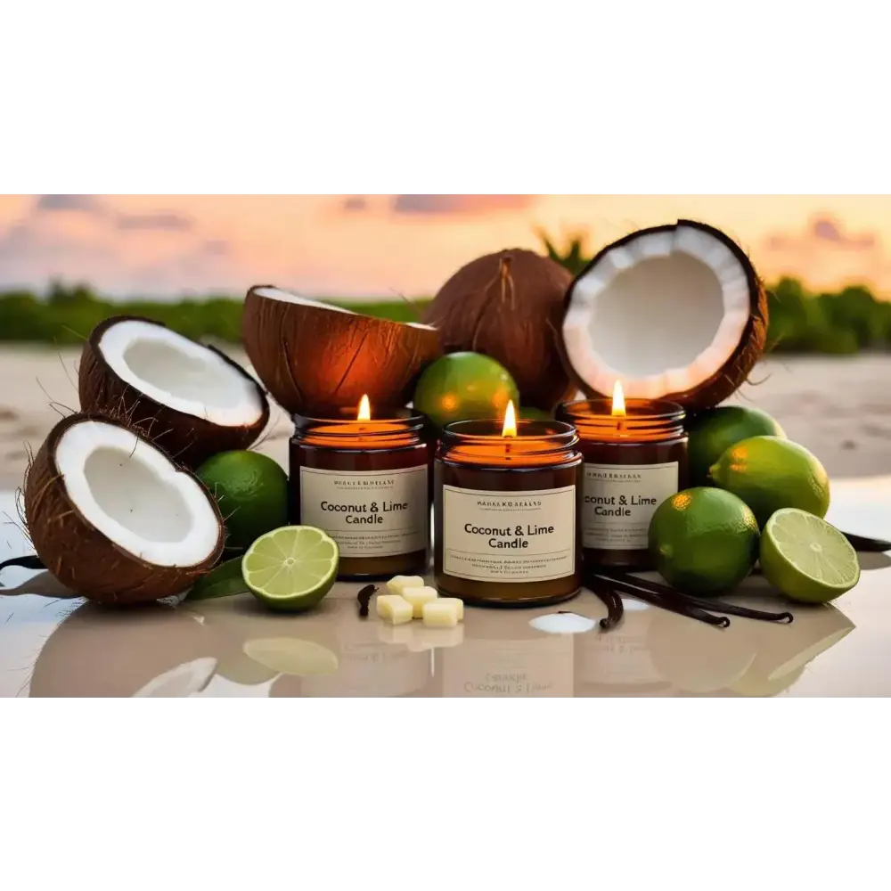 Coconut Lime Scented Soy Candle with coconuts and limes on a beach setting. Sydney Australia
