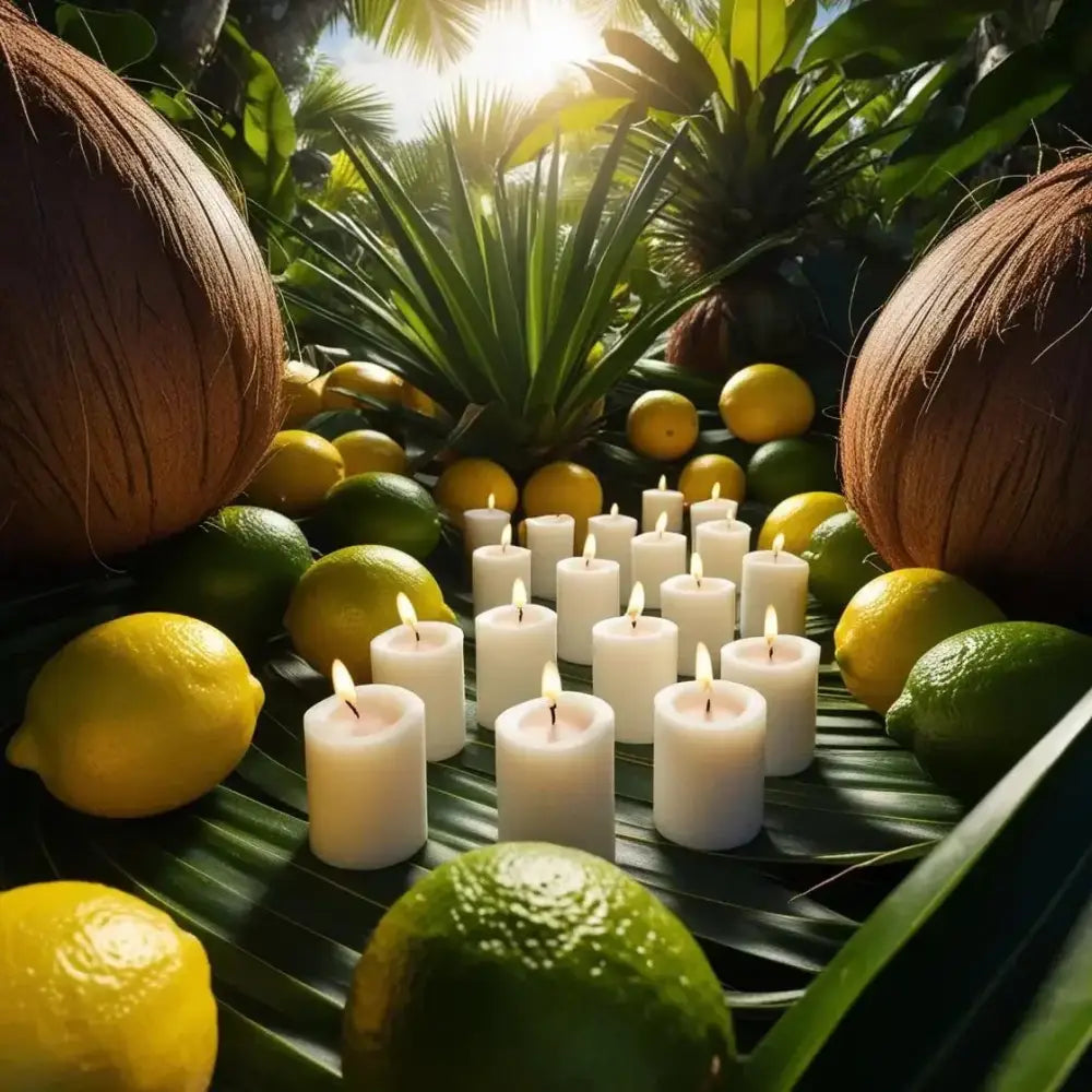 Coconut Lime Soy Votive Candles surrounded by fresh coconuts and limes in a tropical setting.